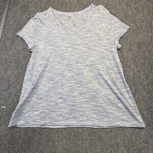 LOFT Blue White Space Dye Stripe Knit Tee Women's L Short Sleeve V Neck Top